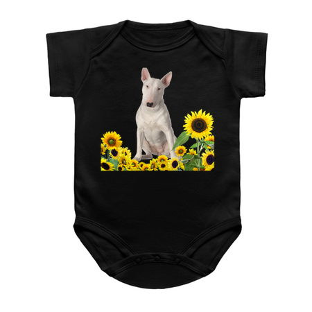 Bull Terrier sitting in Sunflower Garden tiny thumbnail
