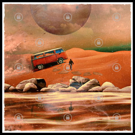 Surreal Science Fiction Alien Planet with Camper Van Bus and Traveler