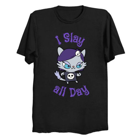 I Slay all Day Goth Kawaii Kitten with Skull Shirt tiny thumbnail