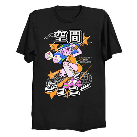Star Gambler T-Shirt: Futuristic Anime Girl Dice Thrower - Manga Streetwear Tee tiny thumbnail