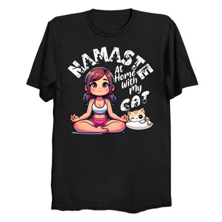 Namaste At Home With My Cat T-Shirt: Pretty Woman and Sleepy Cat - Cozy Home Tee tiny thumbnail