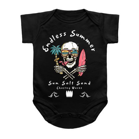 Endless Summer T-Shirt: Skull with Surfboard & Sunglass-Wearing Palm Tree - Surfwear Tee tiny thumbnail