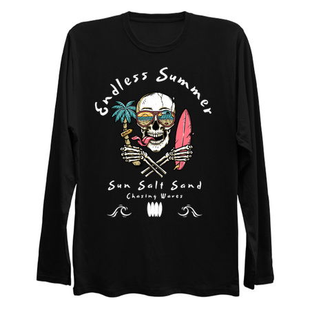 Endless Summer T-Shirt: Skull with Surfboard & Sunglass-Wearing Palm Tree - Surfwear Tee tiny thumbnail
