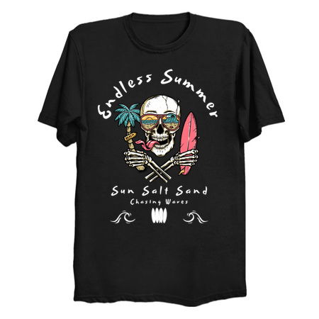 Endless Summer T-Shirt: Skull with Surfboard & Sunglass-Wearing Palm Tree - Surfwear Tee tiny thumbnail