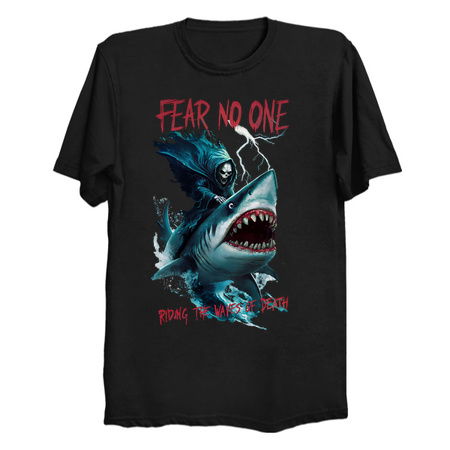 Fear No One Design: Grim Reaper Riding a Shark with Dark Ocean Waves tiny thumbnail